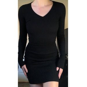 Long sleeve Bodycon Black Sweater Vneck dress